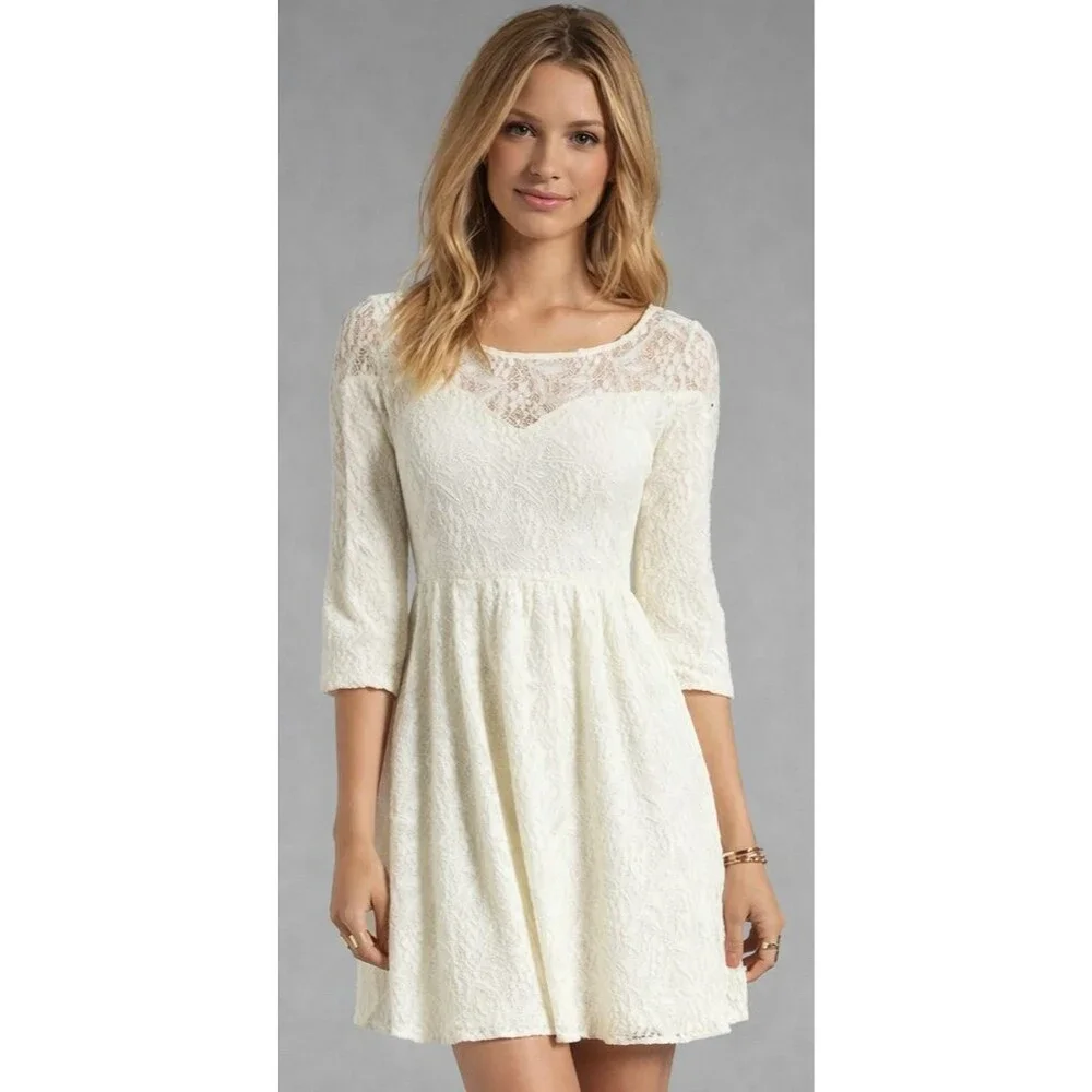Free People Cream Lace Mini Dress 3/4 Sleeve Fit & Flare Boho Wedding Guest M